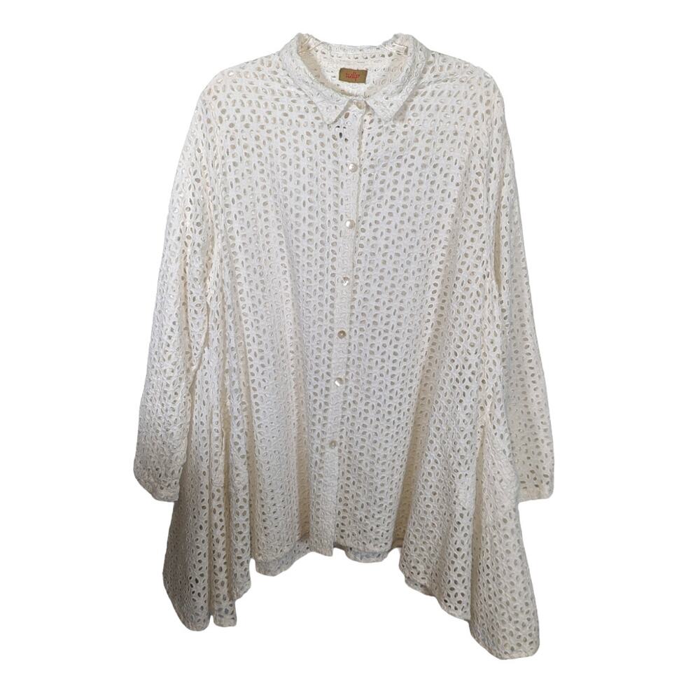 Tulip Mimi White Eyelet Button Front Swing Top Jacket Pockets Sheer Size XL NWT